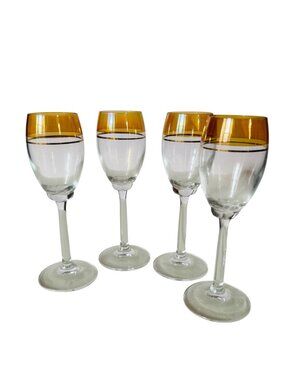 Vintage Circleware Gold Rim Cordial Wine Glass Set Stemware 3oz MCM 1950s/60s